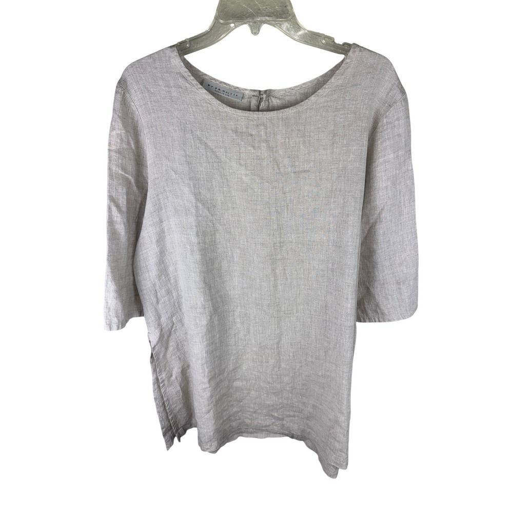Bryn Walker Linen Tunic Top Womens Beige 3/4 Sleeve Side Slit USA Lagenlook